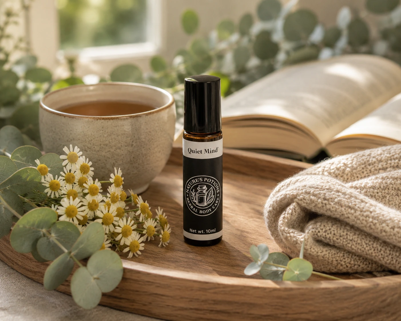 Diluted aromatherapy roller and botanical balm beside lavender and a simple safety checklist