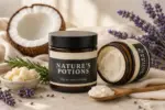 Open jar of Nature’s Potions skin cream beside coconut, shea butter, and lavender