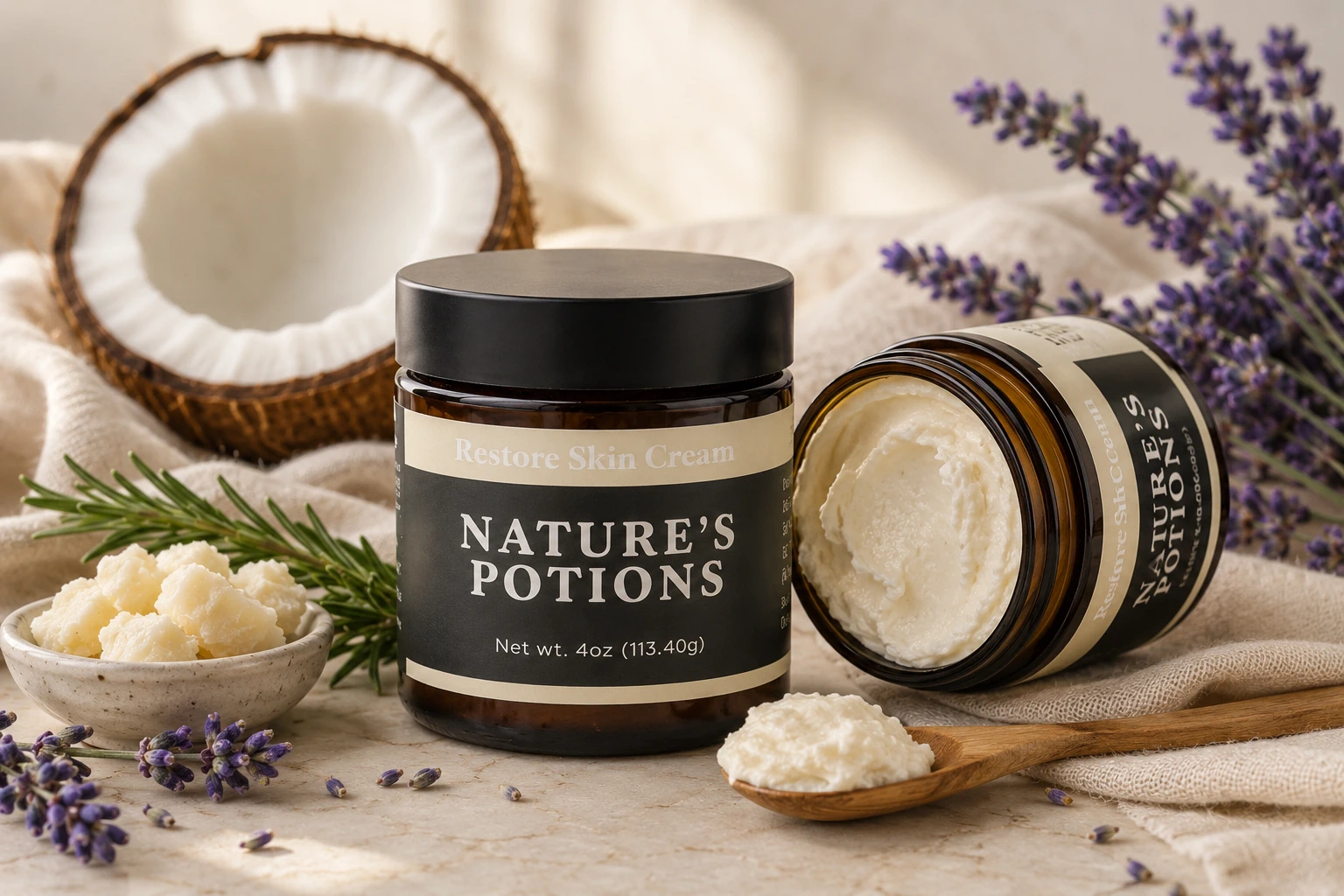 Open jar of Nature’s Potions skin cream beside coconut, shea butter, and lavender