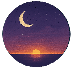 Crescent moon and starry sky above a vibrant sunset reflecting on calm ocean waters, conveying a peaceful twilight scene.