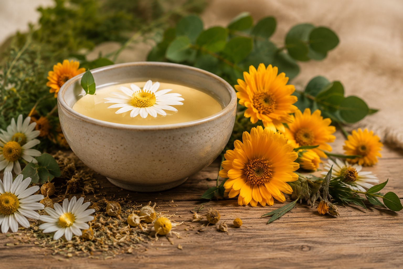 Bowl of botanical cream surrounded by calendula and chamomile flowers
