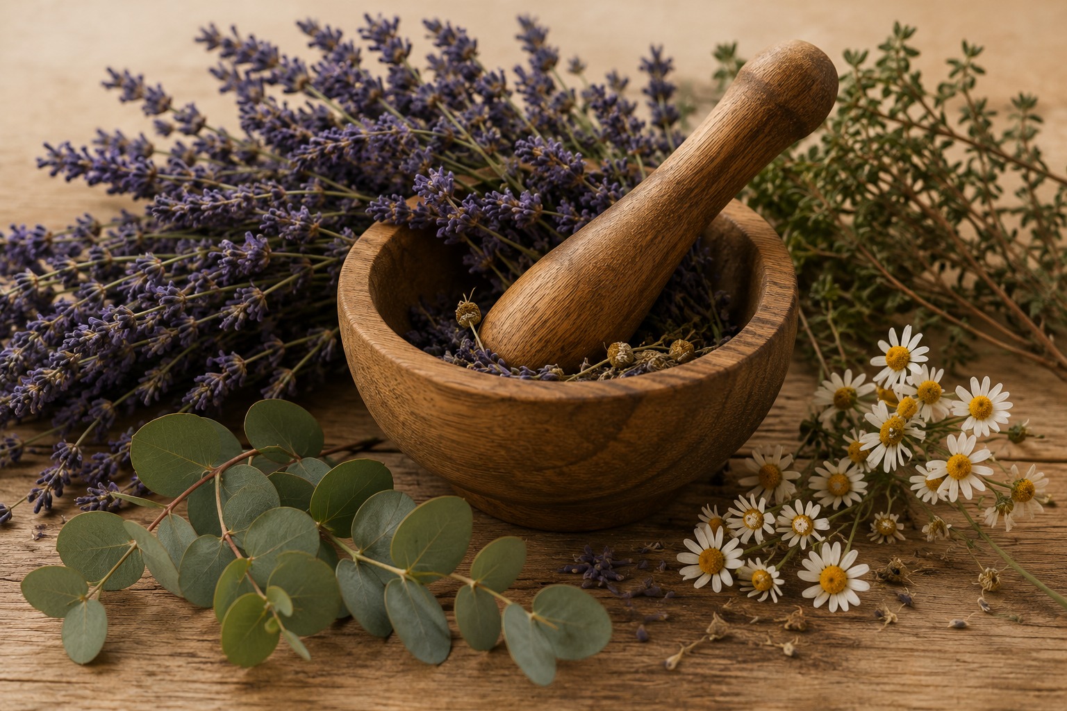 Mortar and pestle surrounded by lavender, herbs, botanical oils, and dried flowers