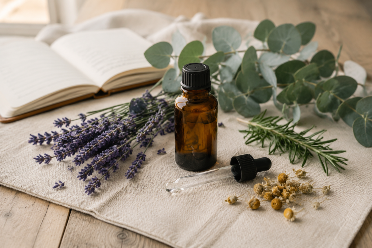 Amber essential-oil bottle beside lavender and eucalyptus on neutral linen