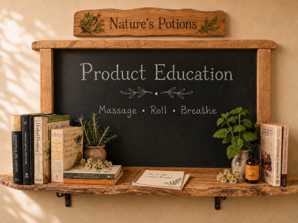 Nature’s Potions roller bottle on neutral linen beside eucalyptus leaves