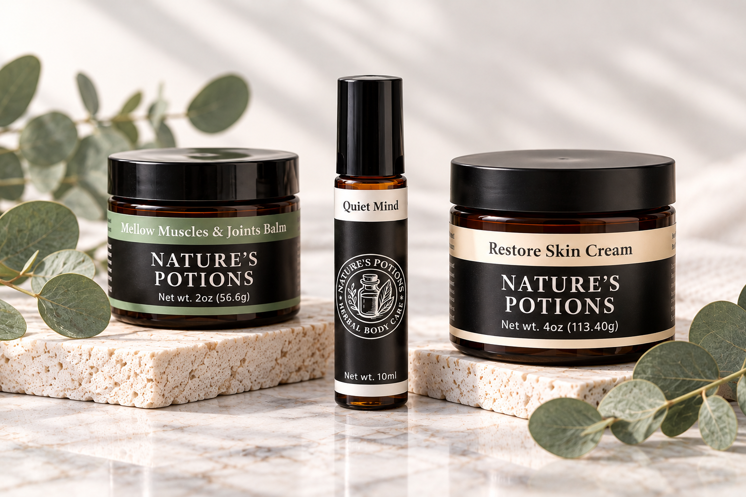 Nature’s Potions balm, cream, and roller bottles displayed side by side