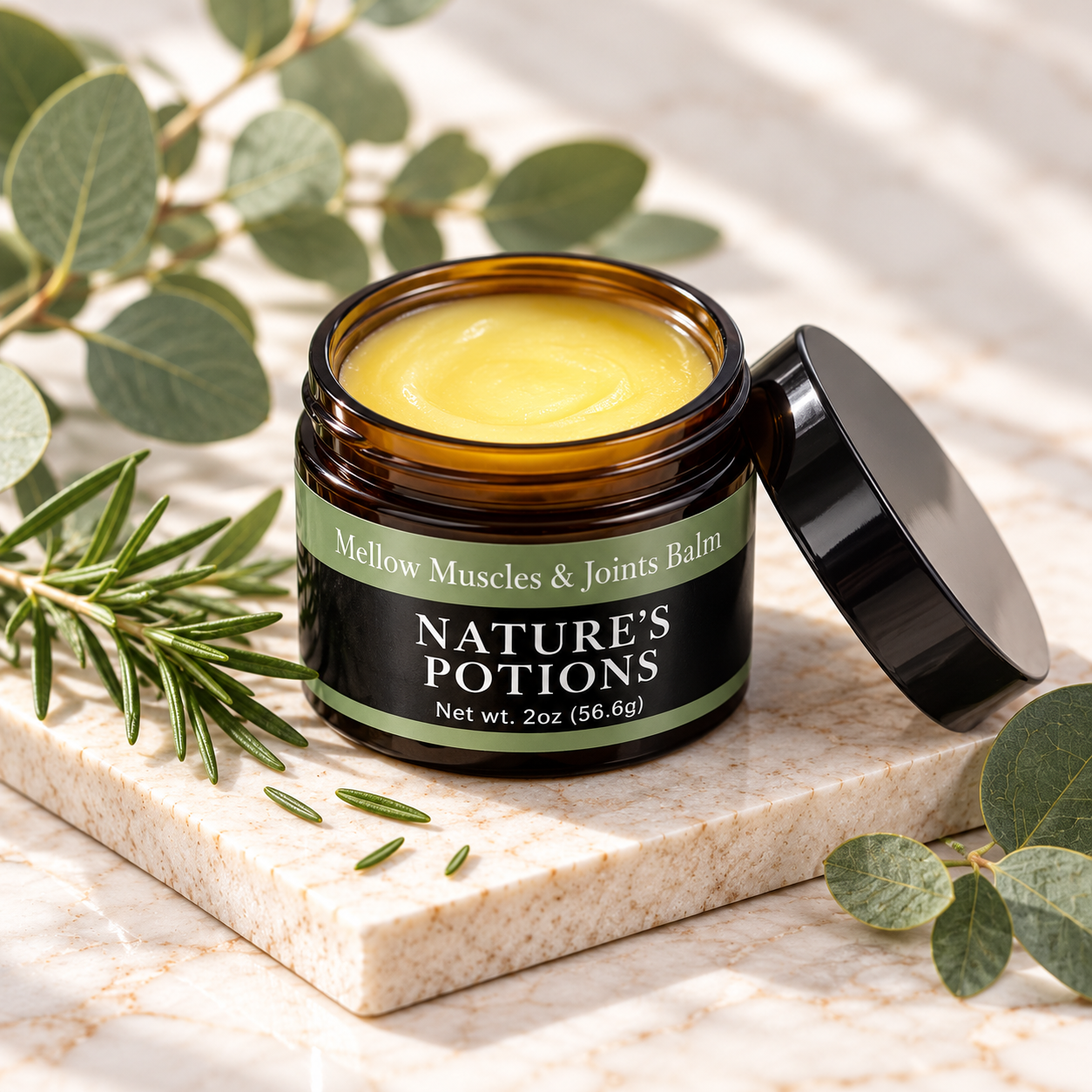 Open jars of Mellow Muscles & Joints Balm in one-ounce and two-ounce sizes