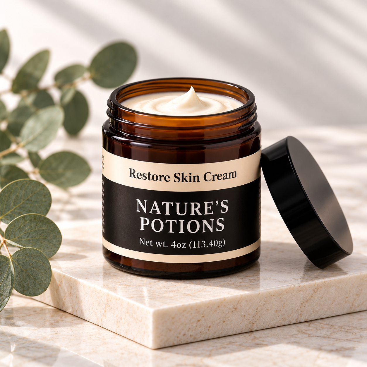 Open jar of Restore Skin Cream beside shea butter, coconut, lavender, and rosemary
